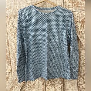 Talbots Geometric Blue Long Cotton Round Neck Sleeve Top size Medium